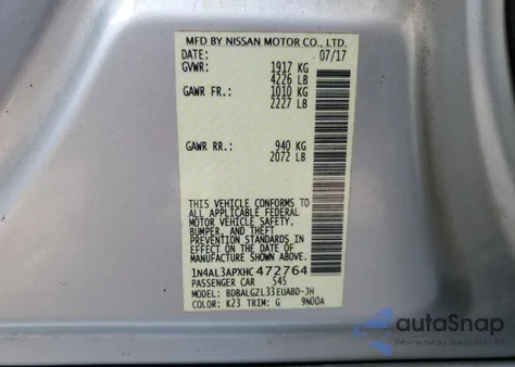 2017 Nissan Altima 2.5 z USA, uszkodzony, nr VIN 1N4AL3APXHC472764